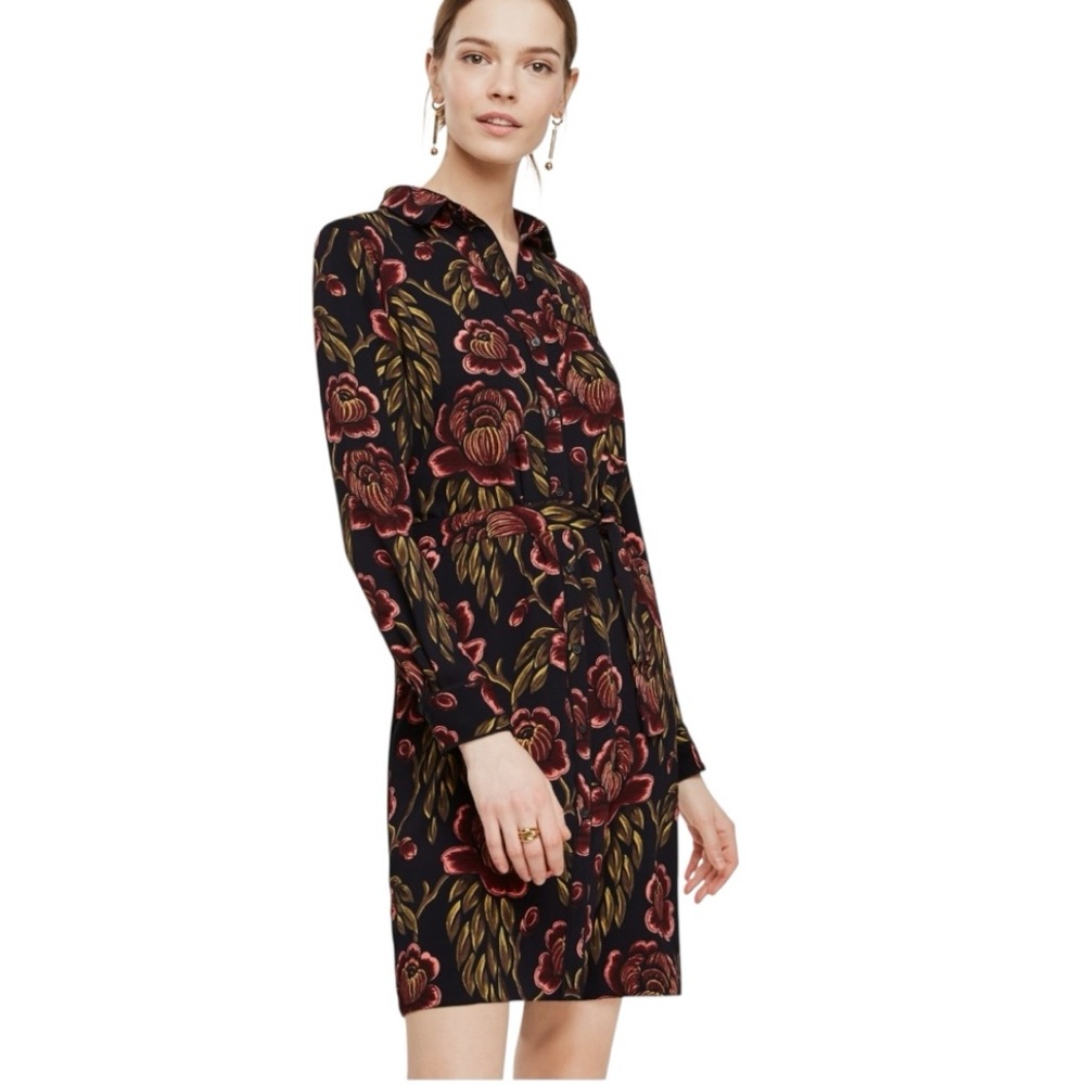 Ann Taylor Black Floral Long Sleeve Shirt Dress M T Medium Tall